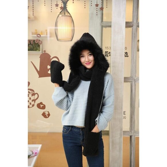 Winter Women Hoodie Hat Scarf Gloves Set Plush Fur Warm Casual Accessory main image 4